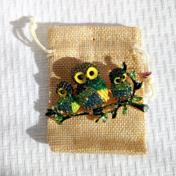 Green Owls Rhinestone Pin Broach - Picture 2 of 3